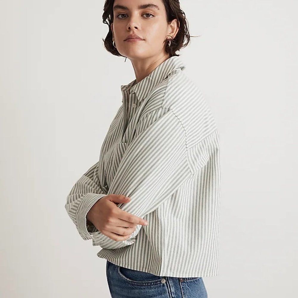 MADEWELL Signature Oxford Crop Button Down in Green Stripe